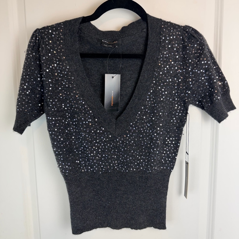 BCBGMaxAzria Charcoal Sequin V-Neck Sweater (NWT)